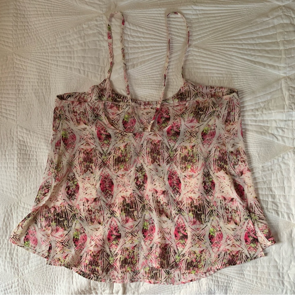 MAHINA Pink Splatters Flowy Tank Top with Criss Cross Back Detail